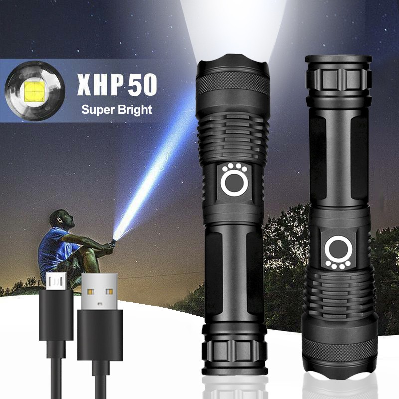 Rechargeable Zoom LED Flashlight USB Torch Light - With Battery