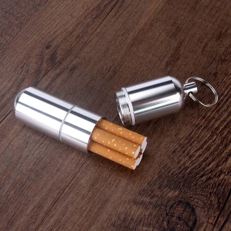 Waterproof Silver Cigarette Case & Capsule Holder with Keychain (TA037)